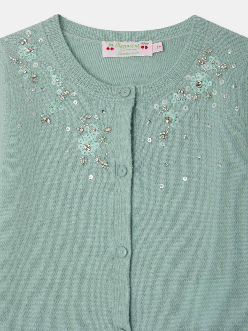 cardigan en cachemire à col rond et fleurs brodées à la main de perles
