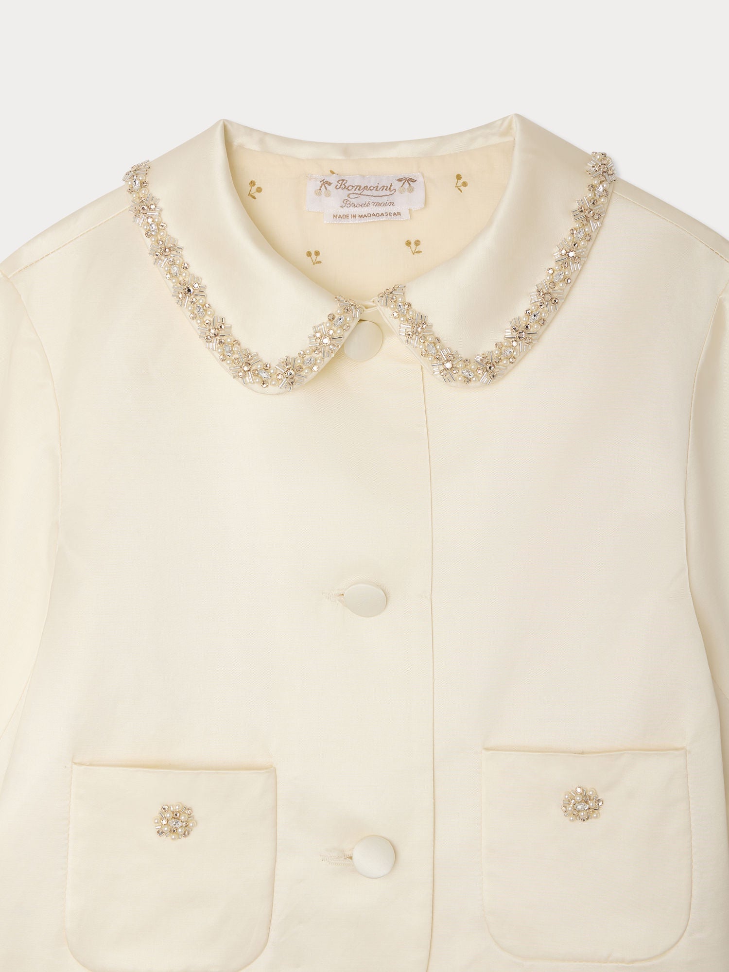 veste ornée de strass et de perles brodés main en coton biologique et viscose